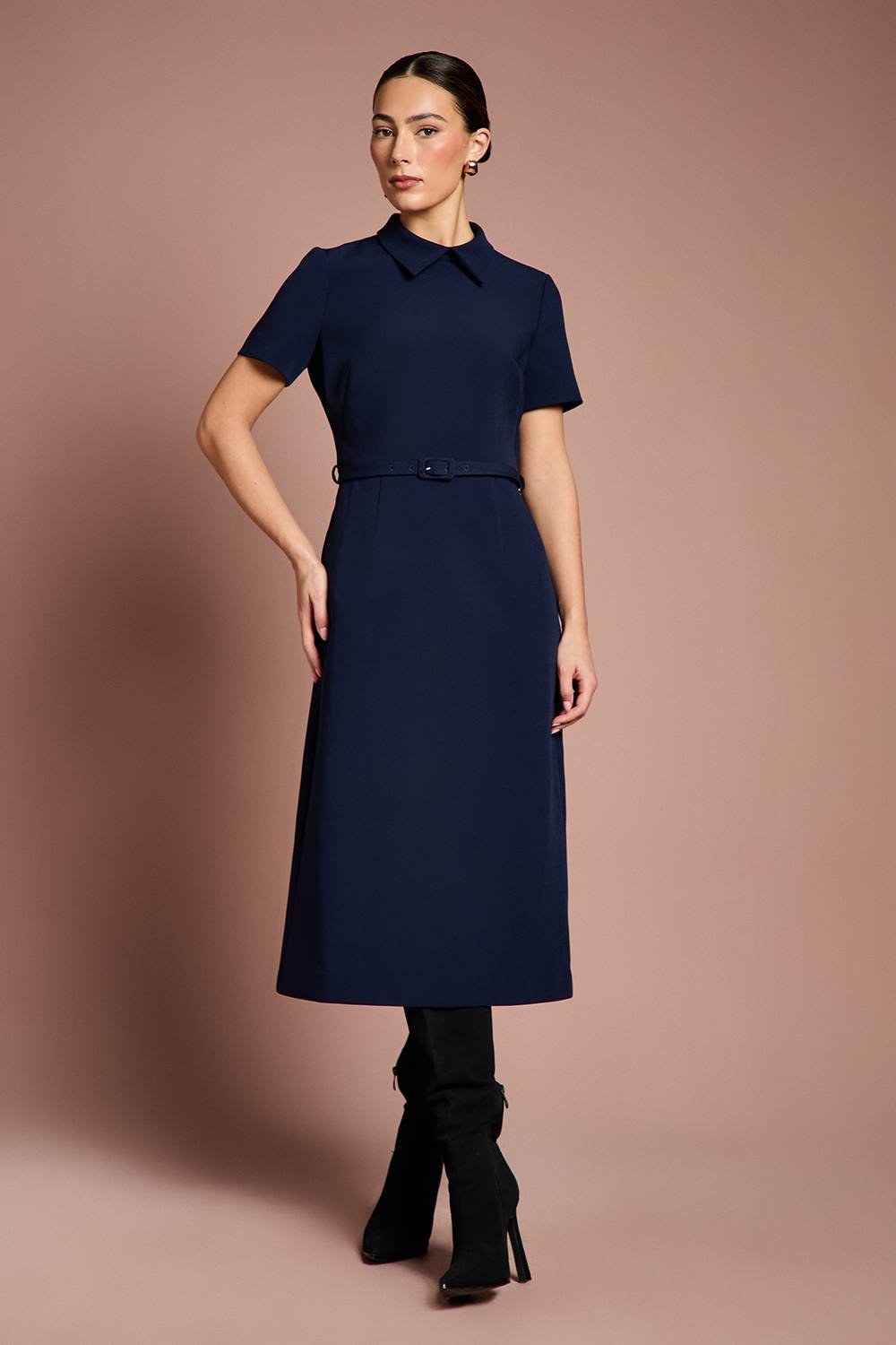 Coast Coast Women's Lisa Tan Belted Full Skirt Crepe Midi Dress in Navy - 2
