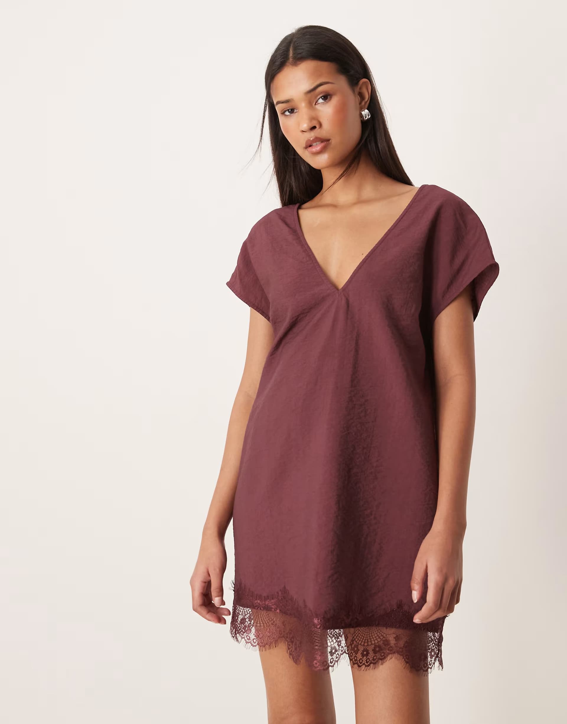 ASOS ASOS DESIGN v neck shift lace crinkle satin mini dress in chocolate