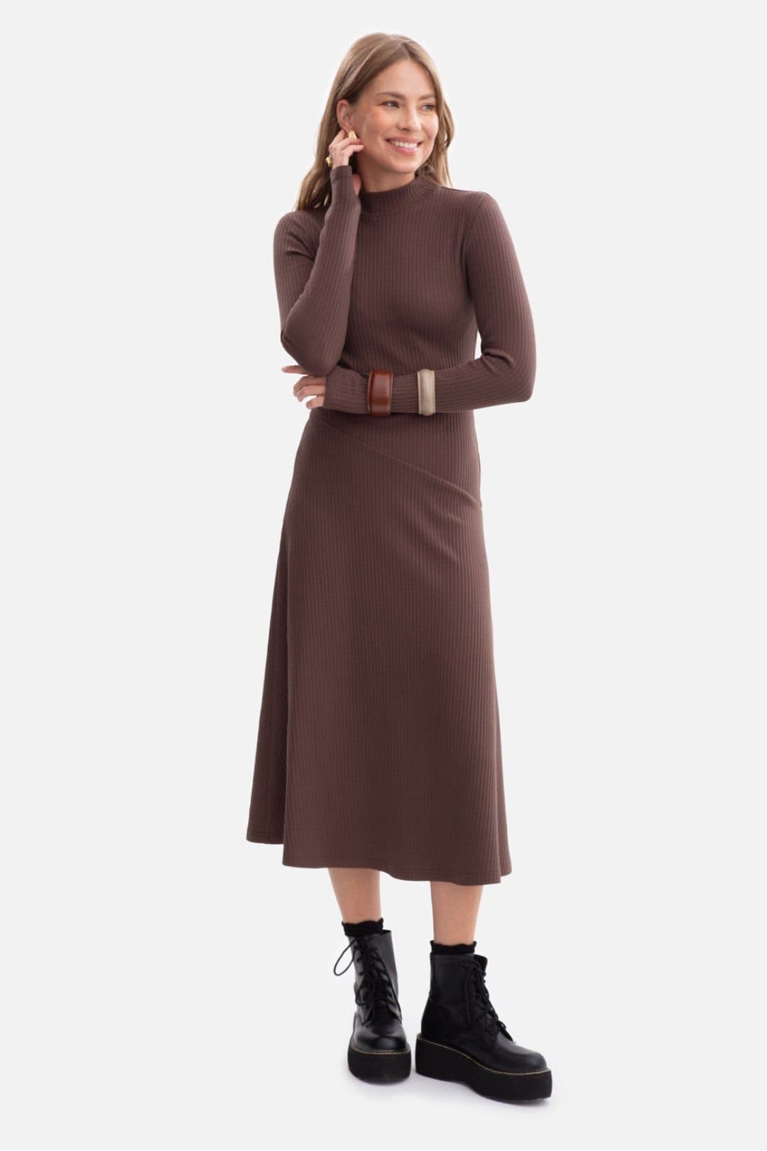 Love Lace Love Lace Women's Ribbed Midi Turtleneck Dress with Thumb Sleeves in Brown
