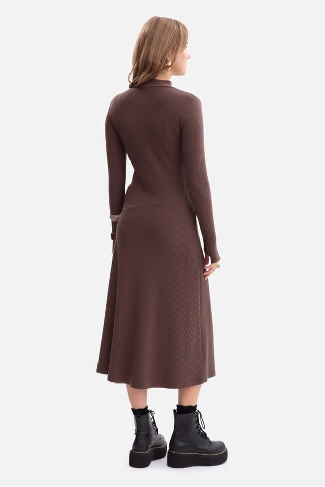 Love Lace Love Lace Women's Ribbed Midi Turtleneck Dress with Thumb Sleeves in Brown - 2