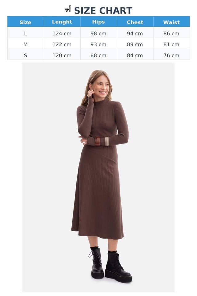 Love Lace Love Lace Women's Ribbed Midi Turtleneck Dress with Thumb Sleeves in Brown - 3