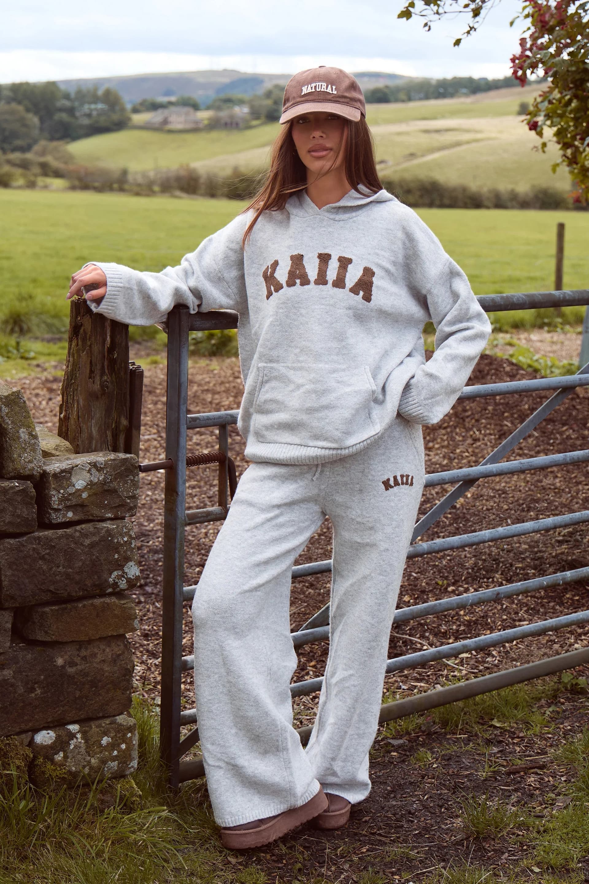 Kaiia Kaiia Knit Wide Leg Joggers Grey & Chocolate