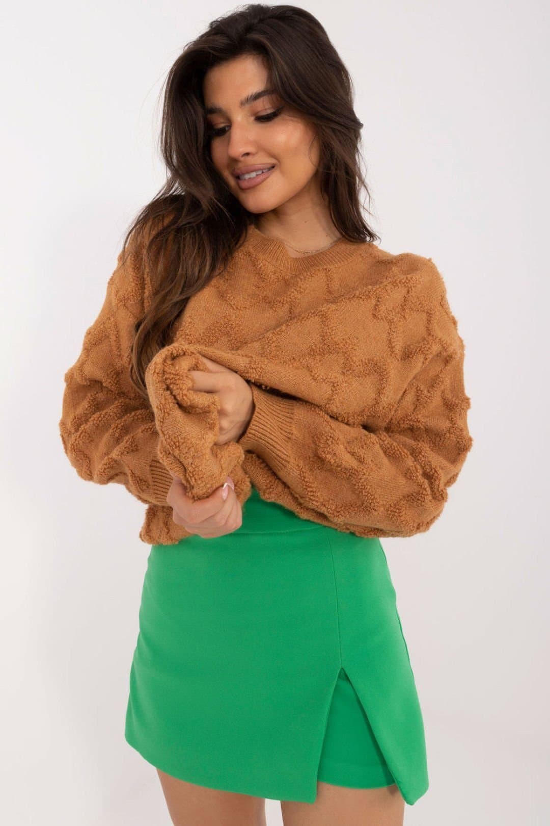 Love Lace Love Lace Brown Textured Weave Round Neck Sweater
