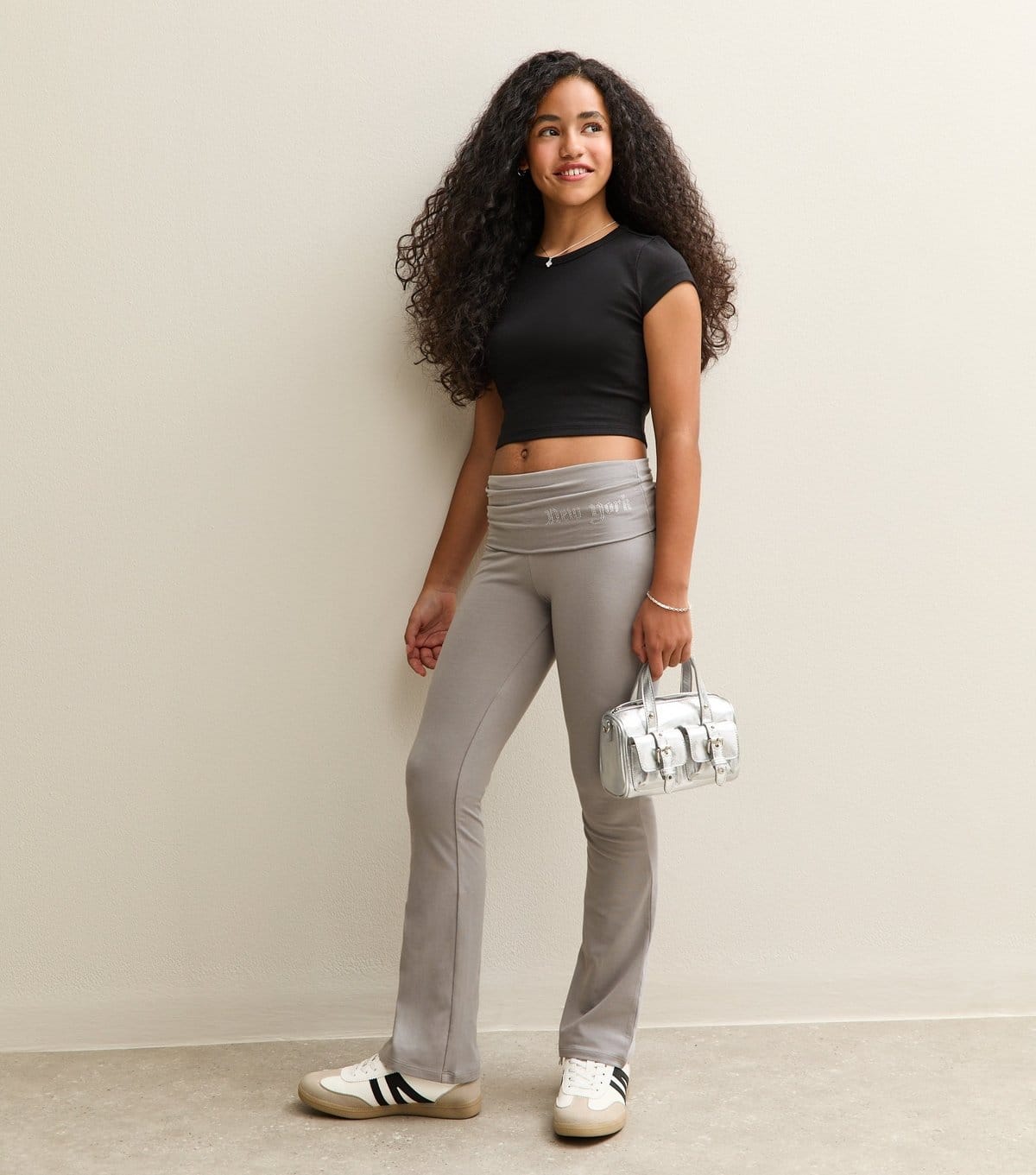 New Look Girls' Dark Grey Diamanté Logo Flared Trousers New Look - 2