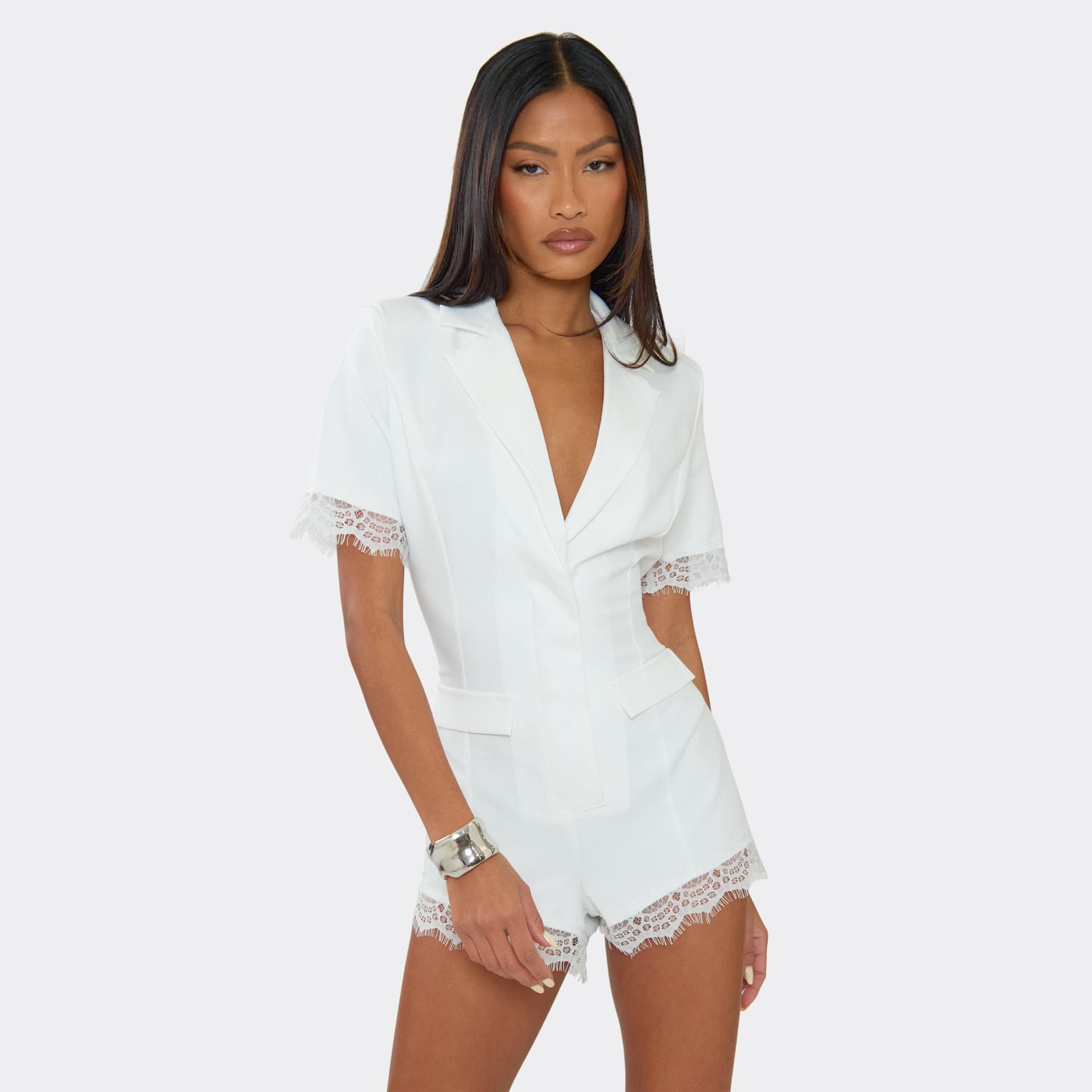 EGO Short Sleeve Plunge Neck Lace Trim Tailored Playsuit In Cream, Women's Size UK 6