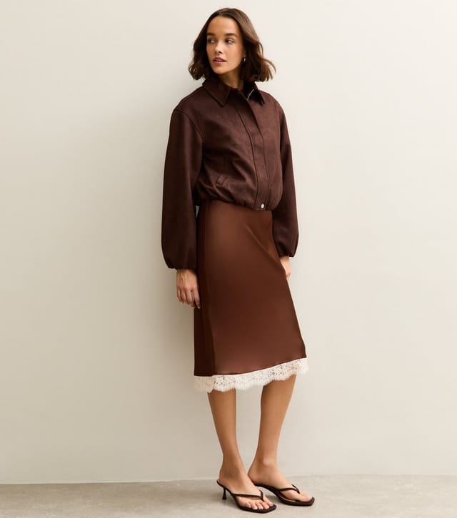 New Look Women's Dark Brown Satin Lace Trim Skirt New Look - 3