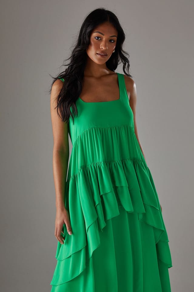 Warehouse Warehouse Women's Chiffon Ruffle Tier Smock Midi Sundress in Green - 2
