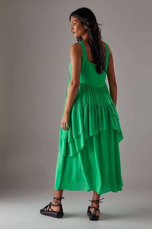 Warehouse Warehouse Women's Chiffon Ruffle Tier Smock Midi Sundress in Green - 3