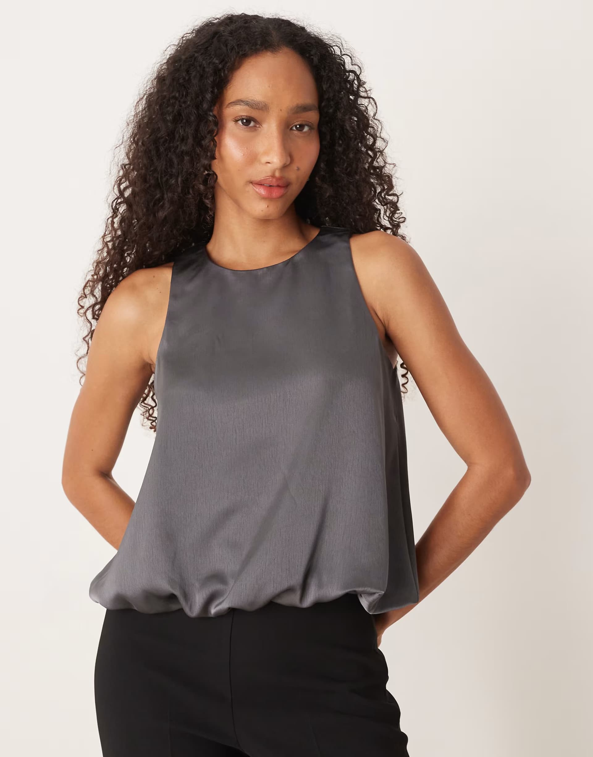 ASOS ASOS Vila Satin Puffball Hem Top in Granite Grey