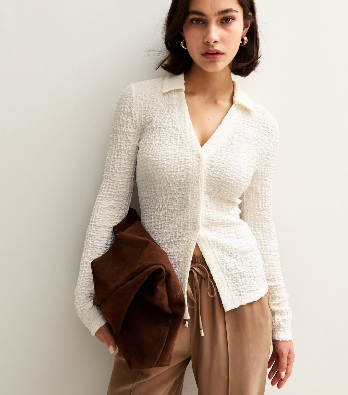 New Look Women's Cream Textured Jersey Collared Long Sleeve Top New Look