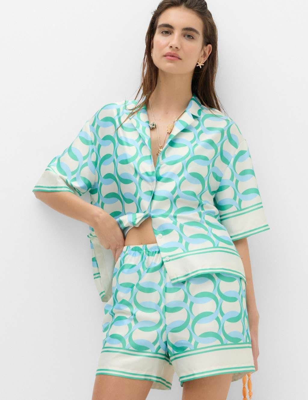 Marks & Spencer M&S Satin Printed Short Sleeve Beach Shirt Blue Mix