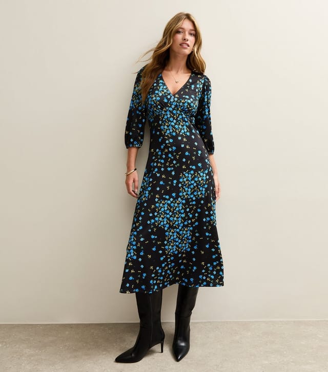 New Look Women's Blue Rose Print Satin Tea Midi Dress New Look - 3