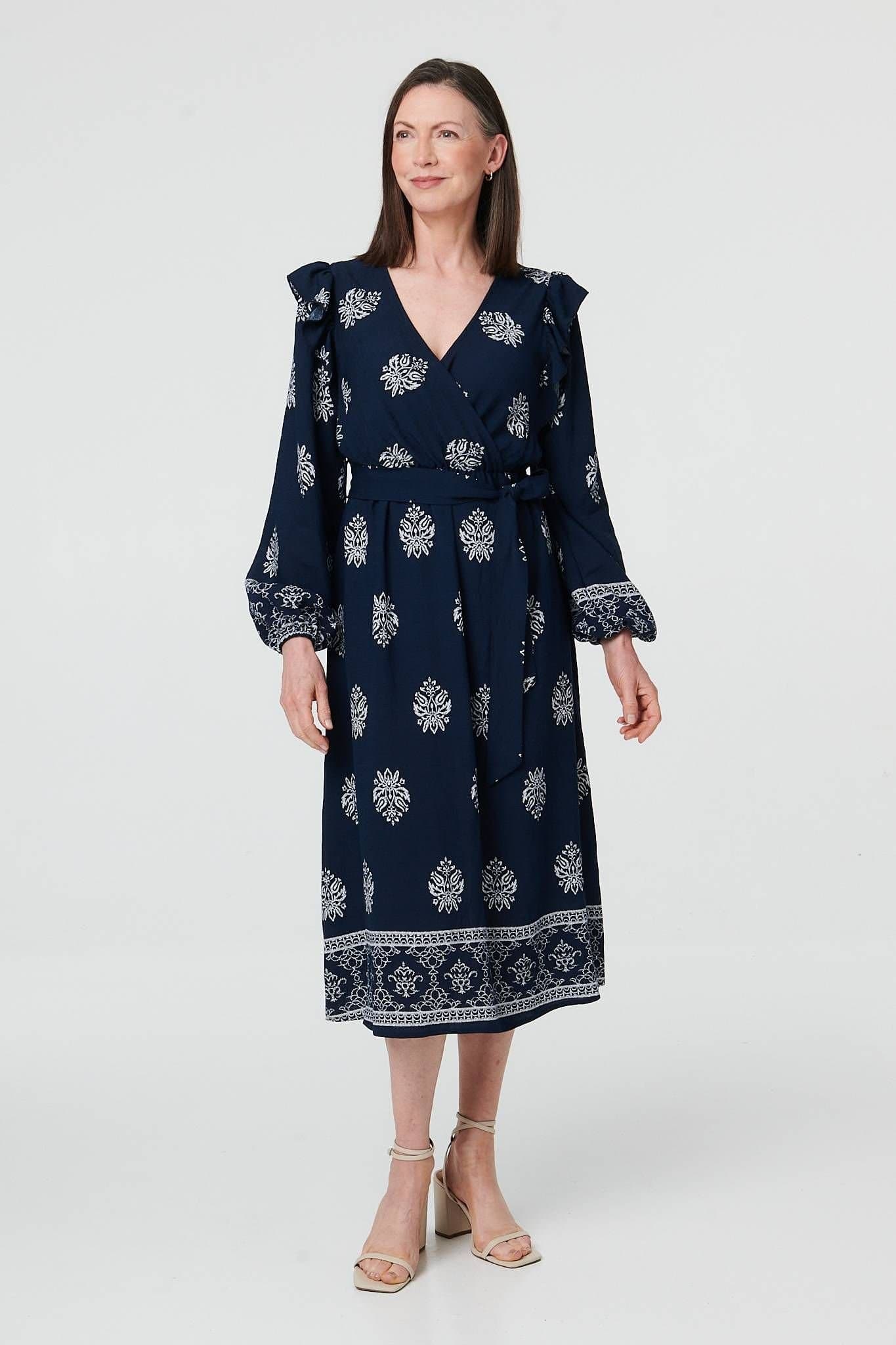 Izabel London Izabel London Women's Border Print Tie Waist Wrap Midi Dress in Navy
