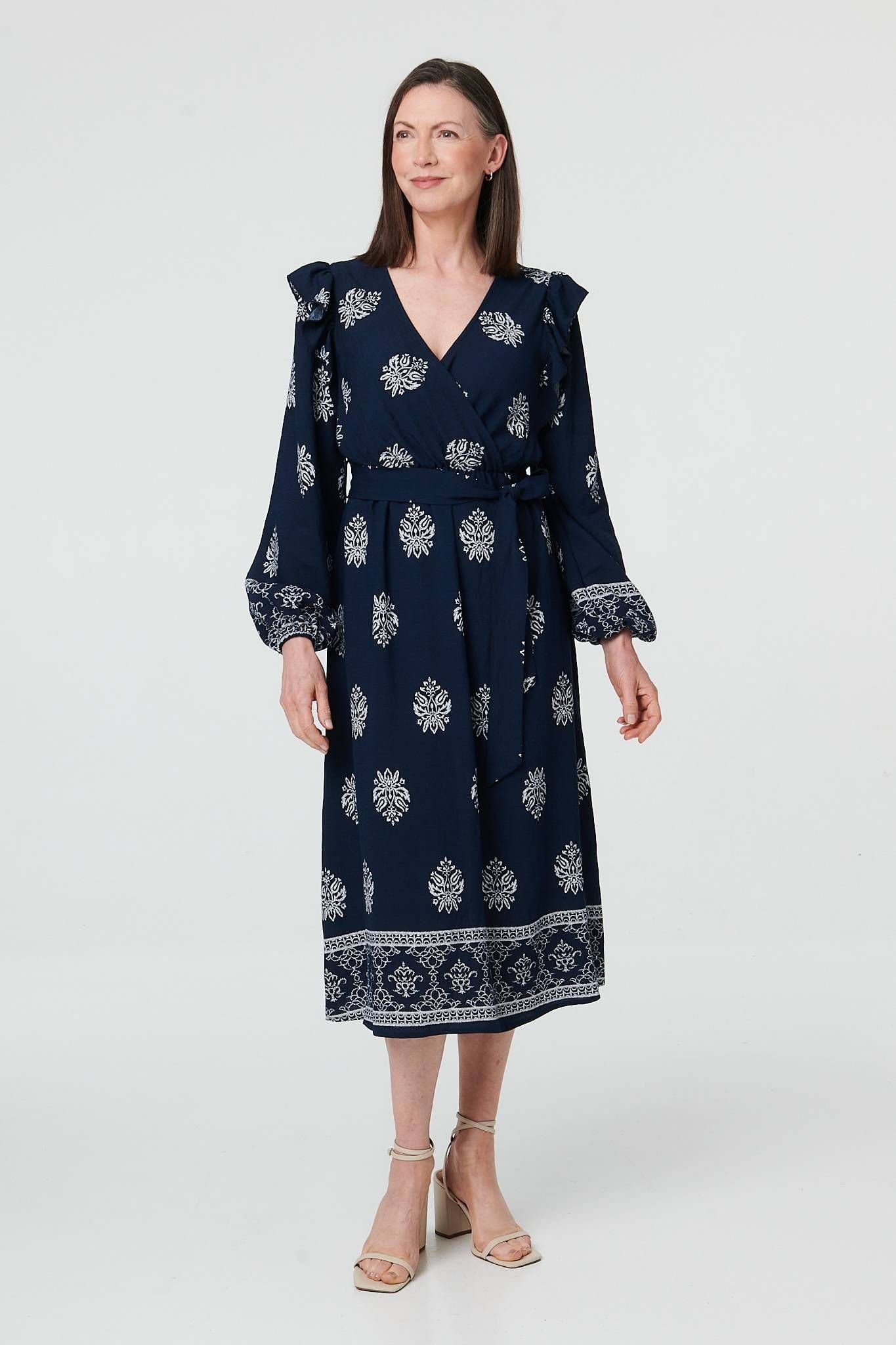 Izabel London Navy Border Print Tie Waist Wrap Midi Dress