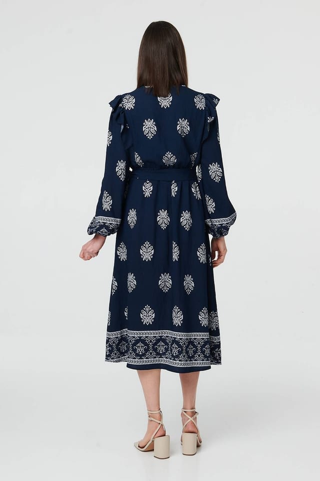 Izabel London Izabel London Women's Border Print Tie Waist Wrap Midi Dress in Navy - 3