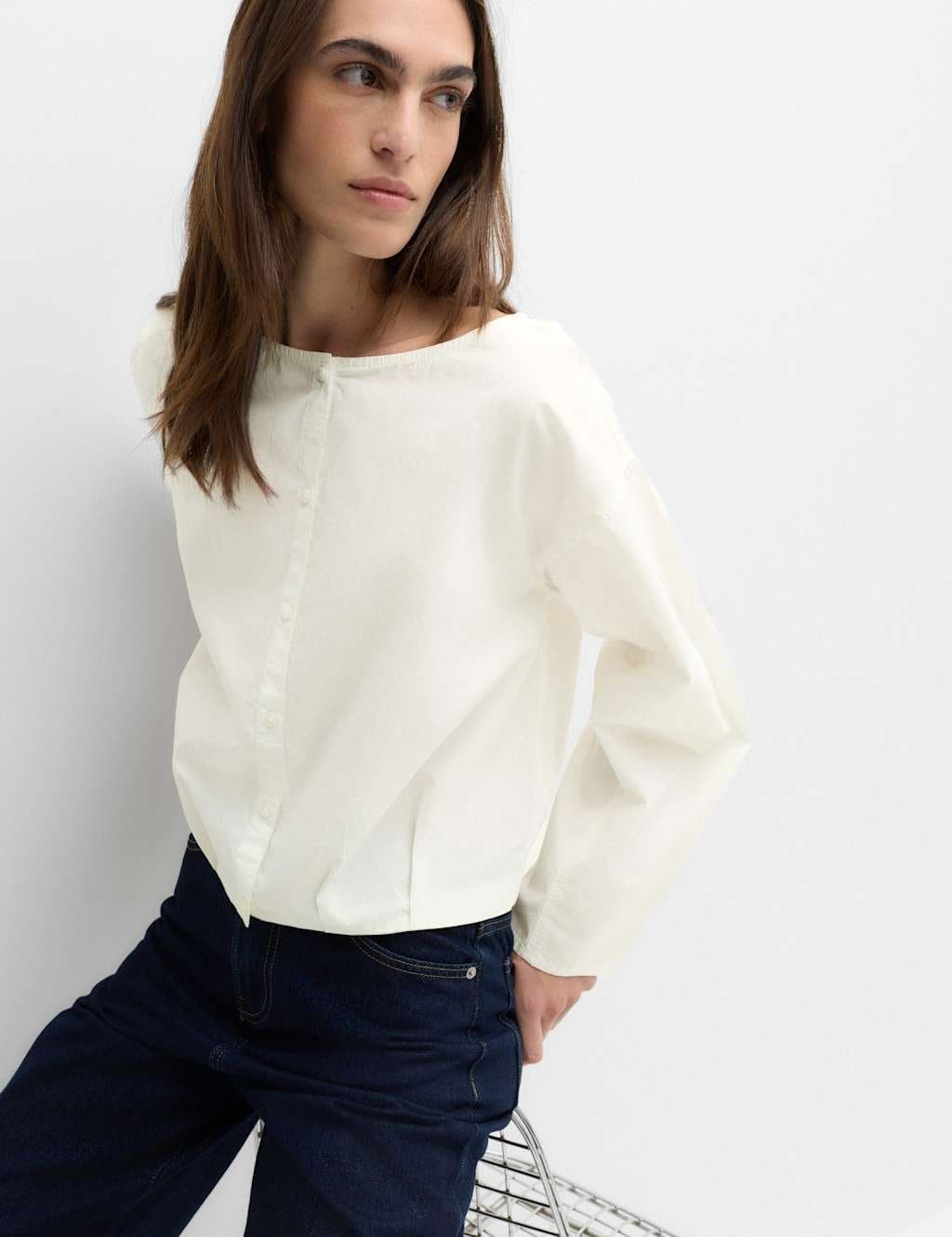 Marks & Spencer M&S Pure Cotton Polka Dot Barrel Sleeve Blouse Soft White