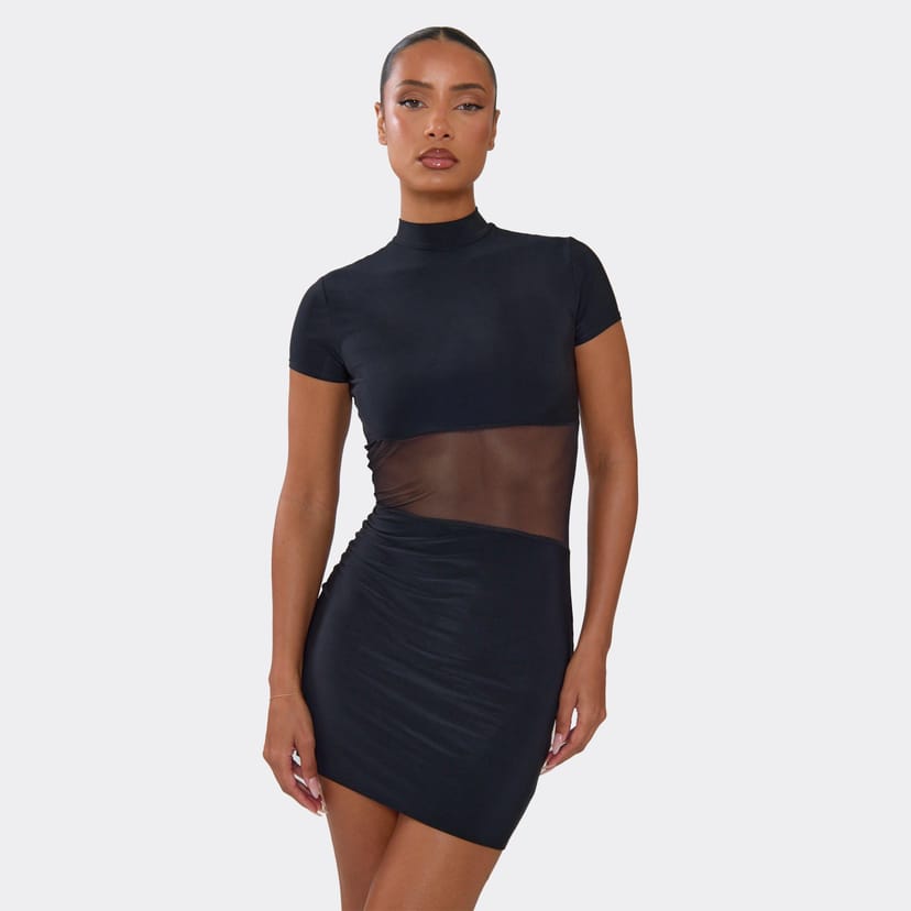 EGO Short Sleeve High Neck Mesh Insert Mini Dress In Black, Women's Size UK 6 - 1