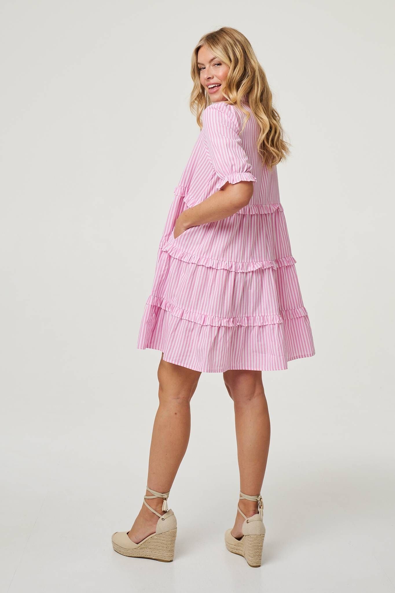 Izabel London Izabel London Women's Striped 1/2 Sleeve Short Shirt Dress in Pink - 3