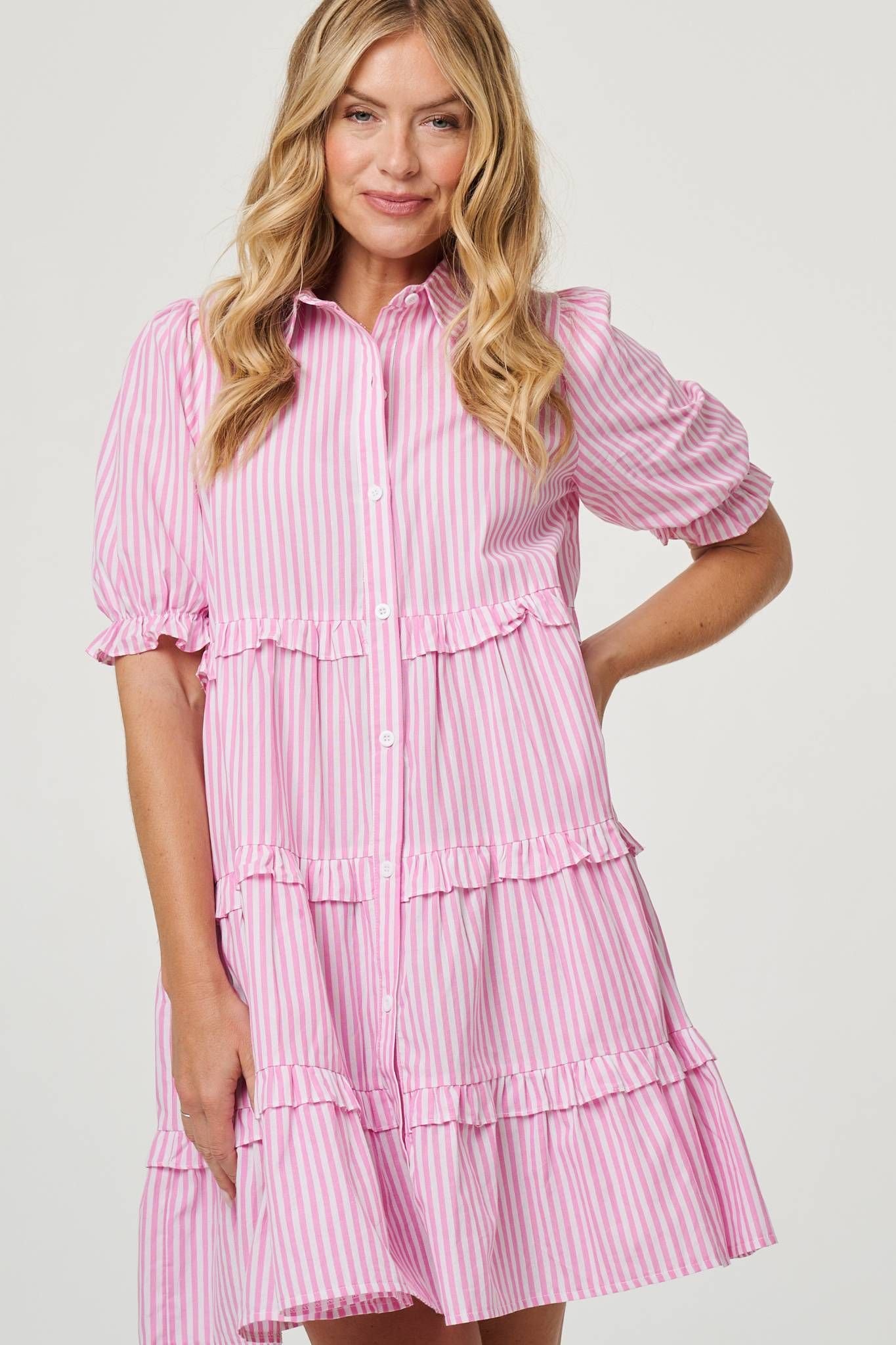 Izabel London Izabel London Women's Striped 1/2 Sleeve Short Shirt Dress in Pink - 4