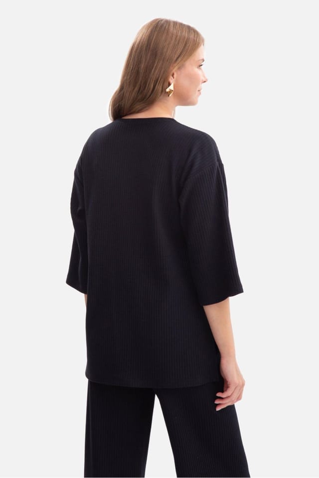 Love Lace Love Lace Women's Elastic Ribbed Casual Blouse with Side Slits in Black - 3
