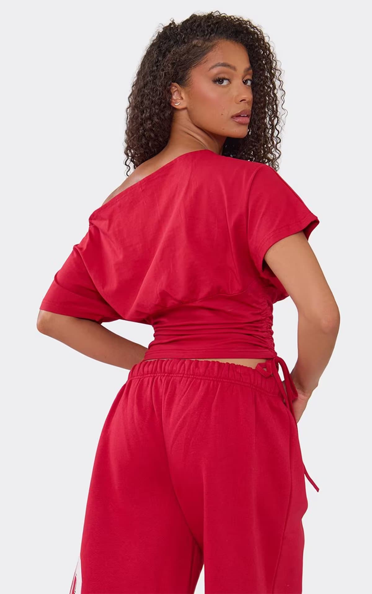 EGO Off The Shoulder Ruched Waist Detail Graphic T-Shirt In Red, Women's Size UK 6