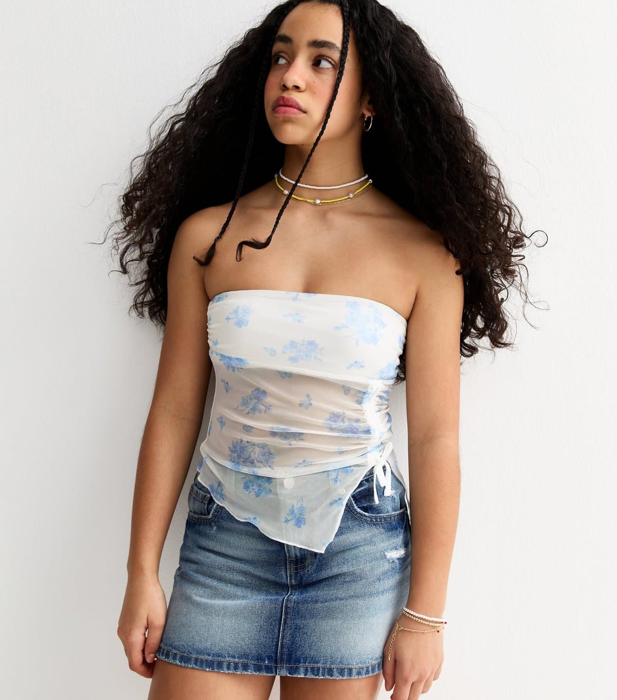 New Look Girls' White Butterfly Hem Floral Print Mesh Bandeau Top New Look