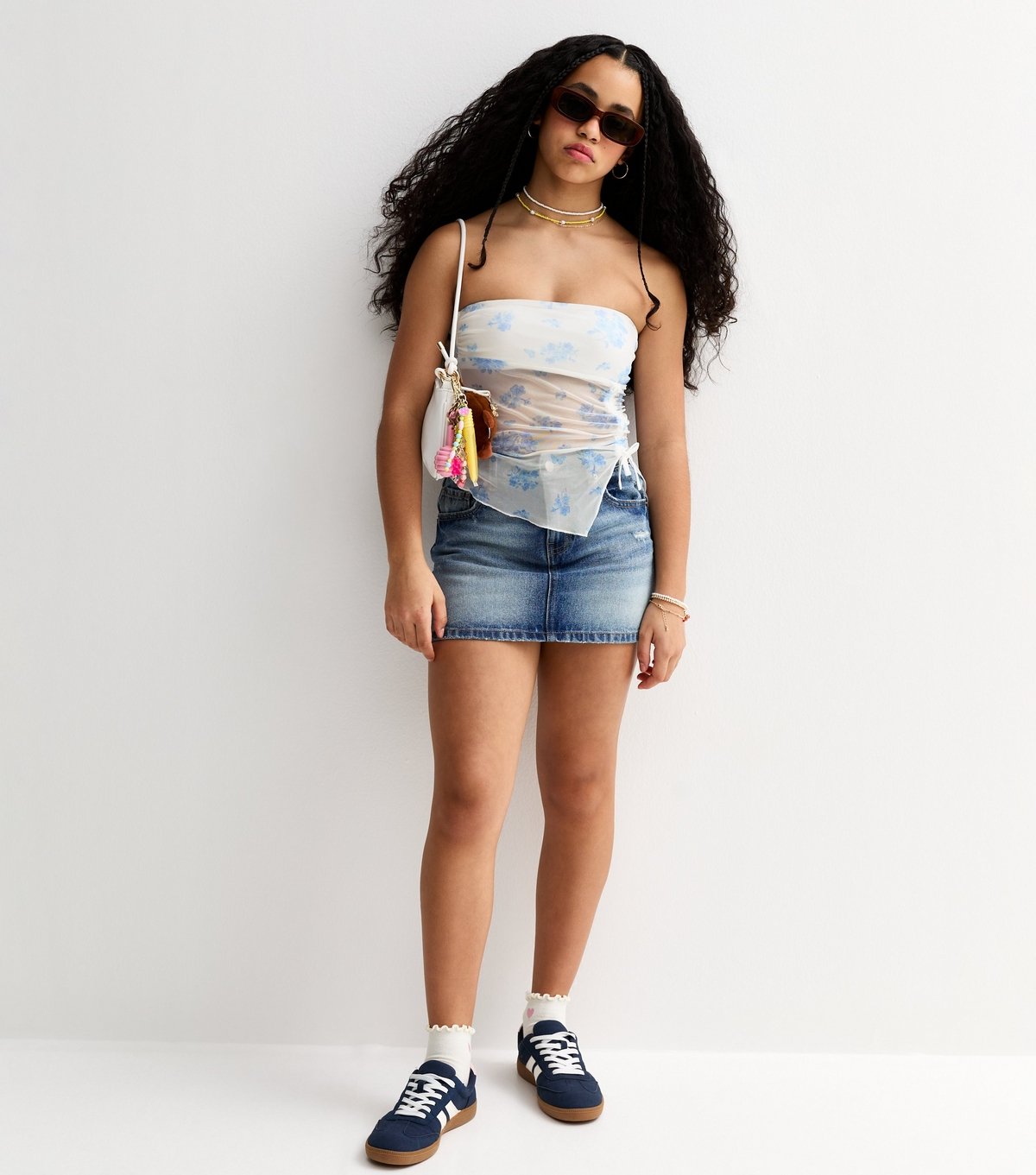 New Look Girls' White Butterfly Hem Floral Print Mesh Bandeau Top New Look - 2