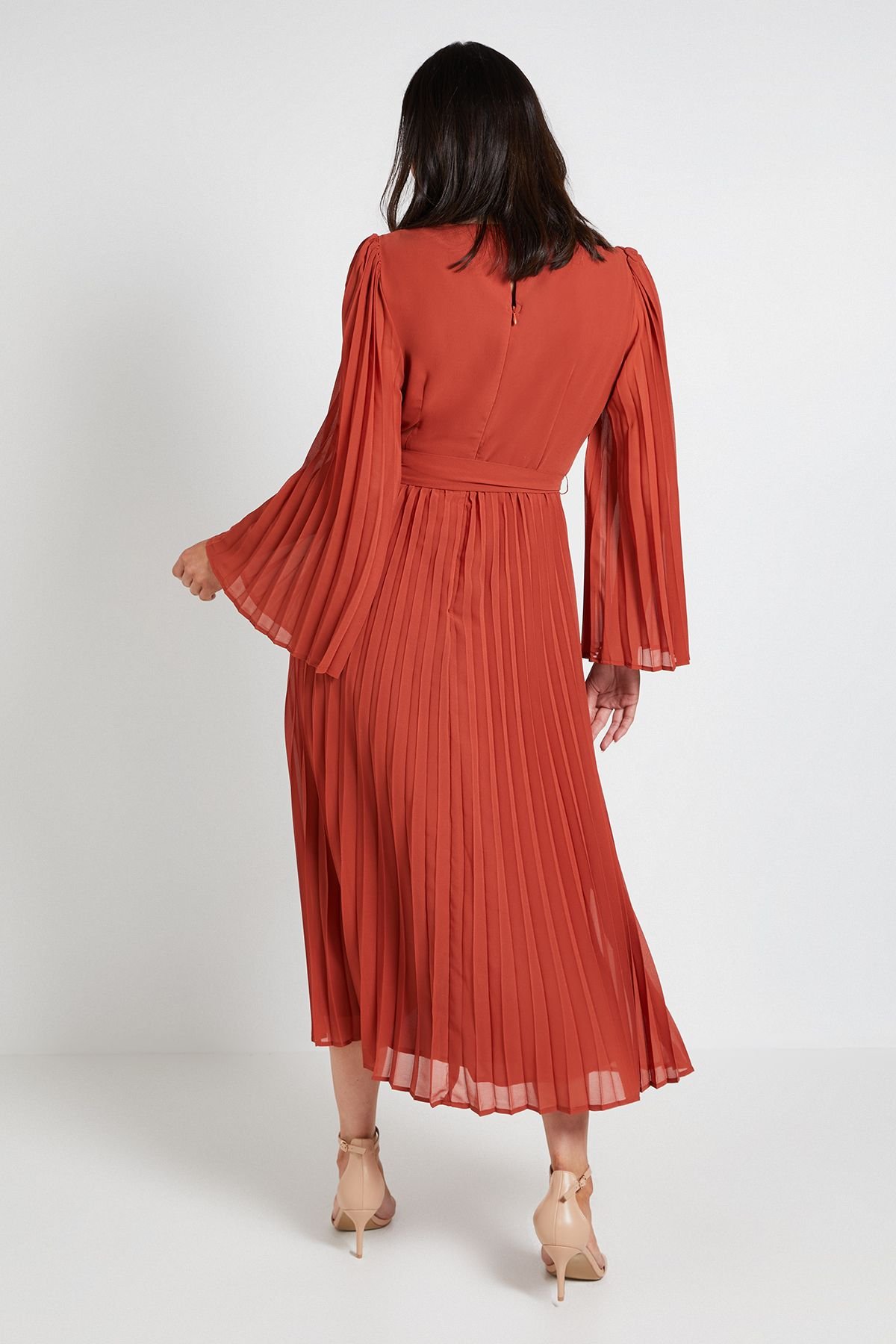 Wallis Wallis Women's Pleated Floral Trim Midi Dress in Terracotta - 3