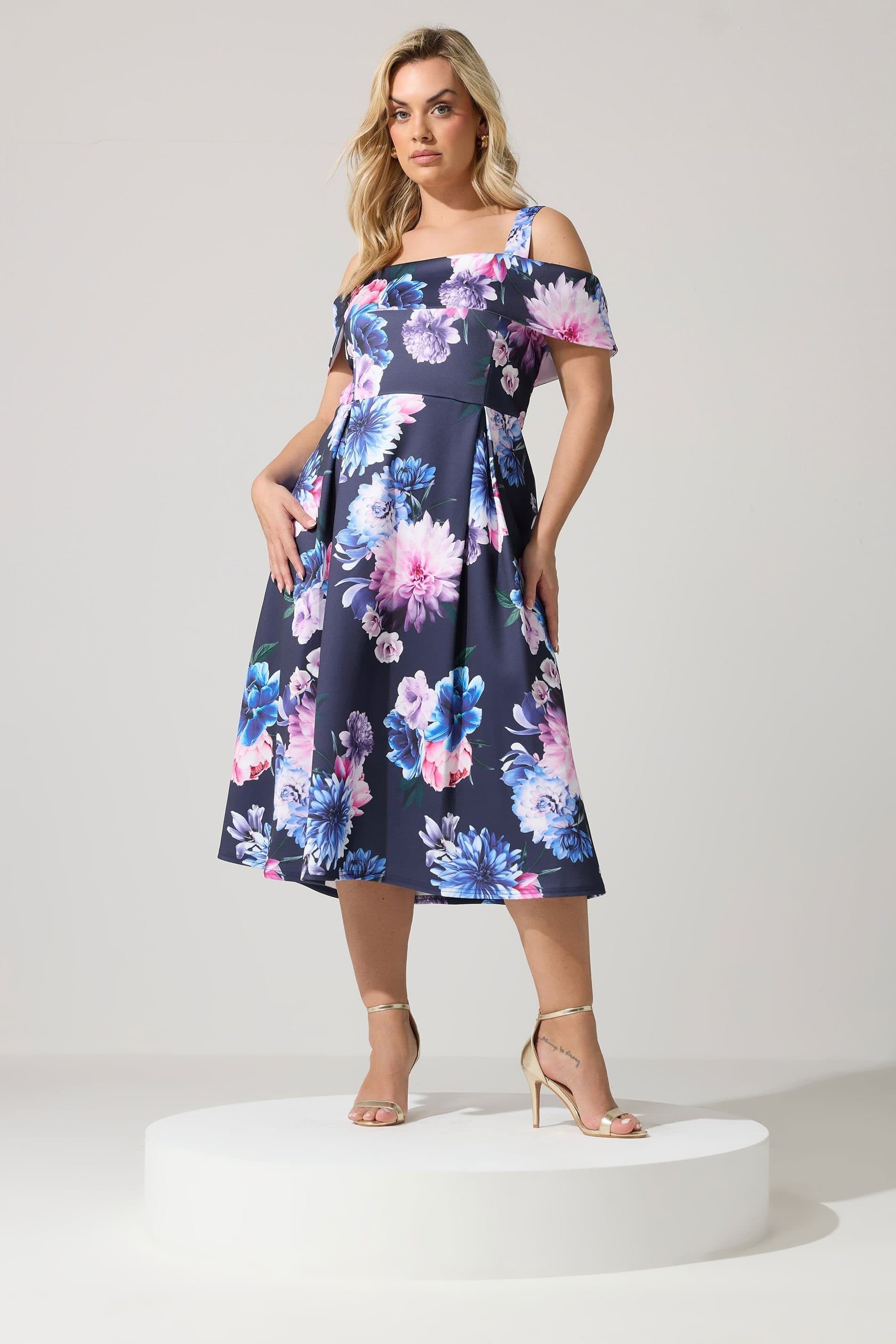 Yours Yours Women's Cold Shoulder Floral Skater Dress in Dark Navy