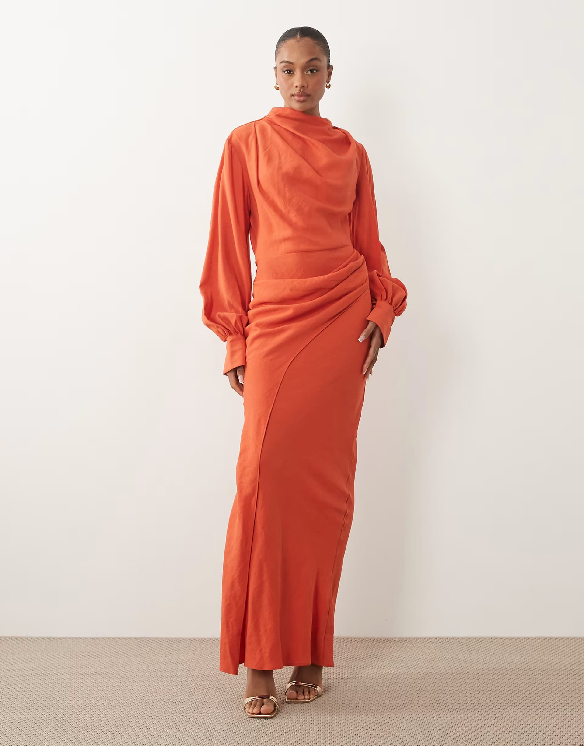 ASOS ASOS DESIGN Tall high neck drape maxi dress with drape skirt in orange