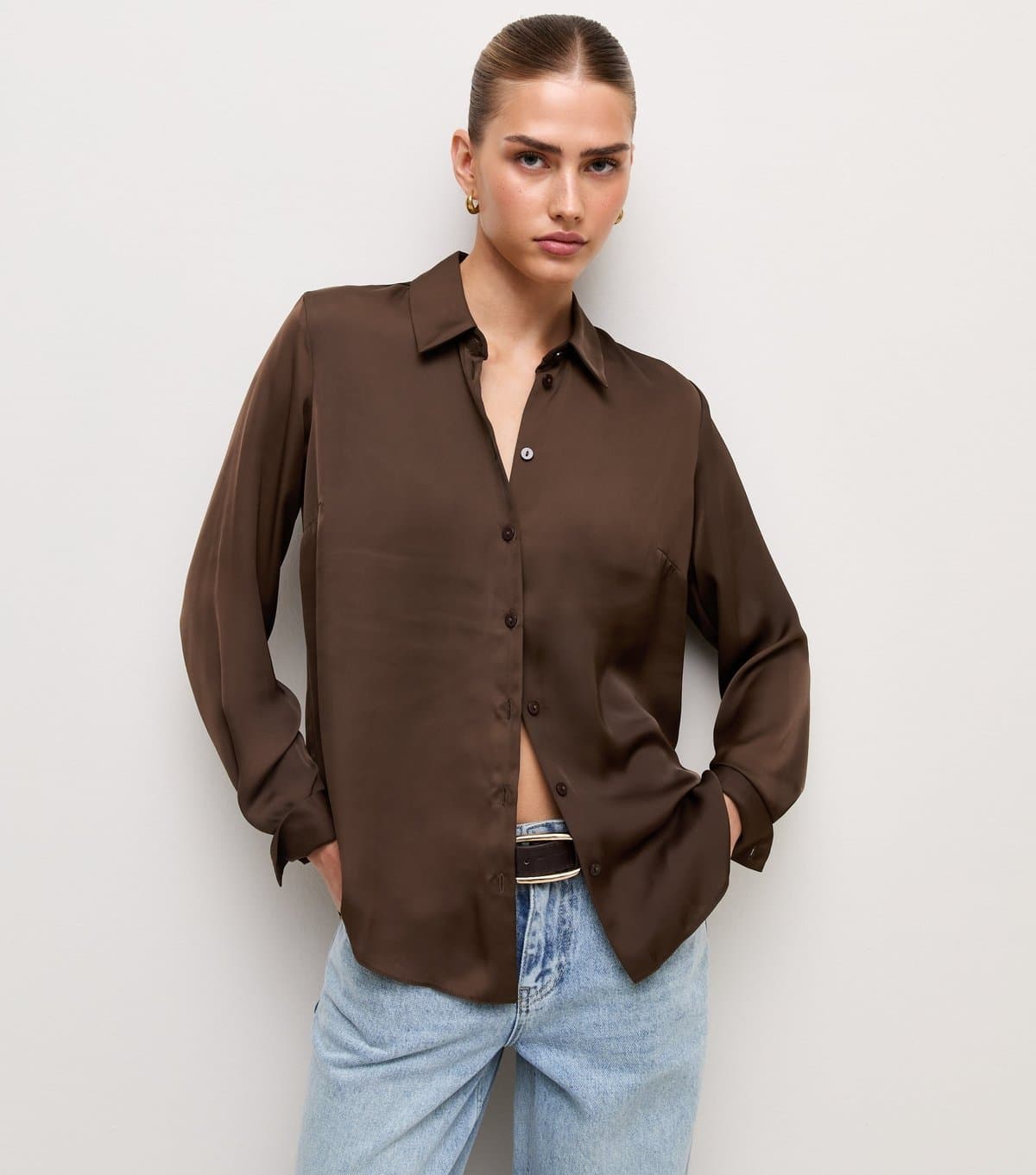 New Look New Look Dark Brown Satin Long Sleeve Shirt