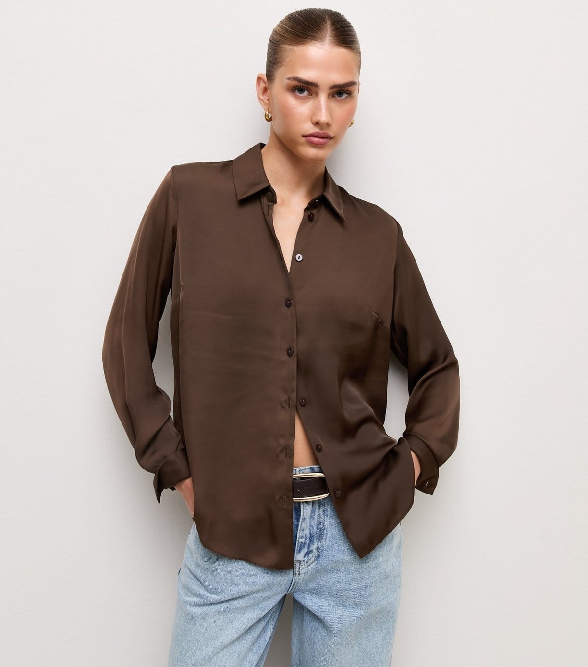 New Look Dark Brown Satin Long Sleeve Shirt