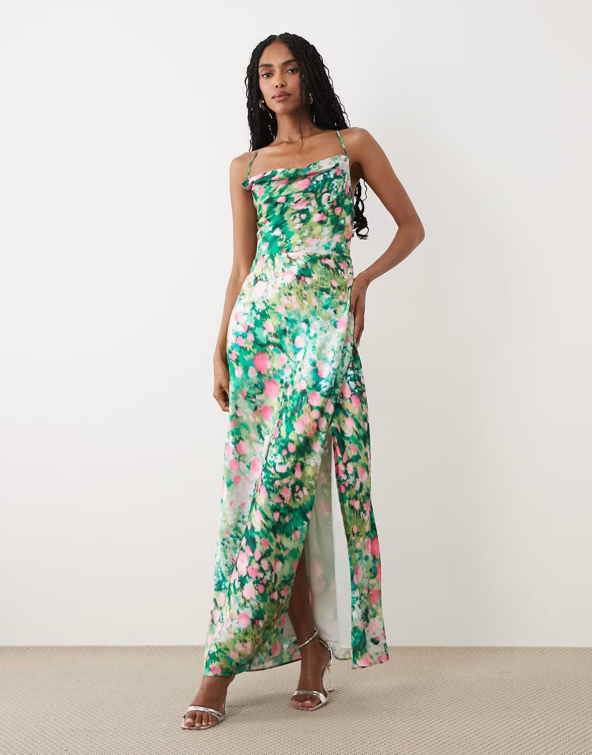 ASOS Hope & Ivy satin cami cowl neck open tie back maxi dress in green floral - 1