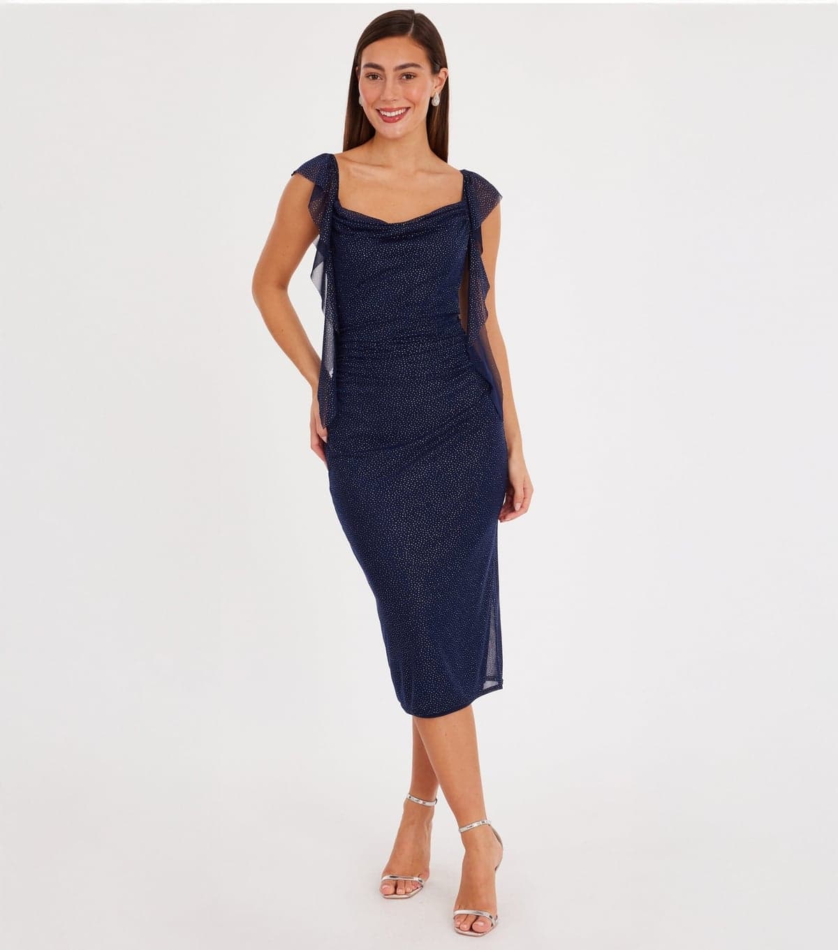 Quiz Women's Navy Glitter Mesh Cowl Neck Midi Dress Quiz New Look