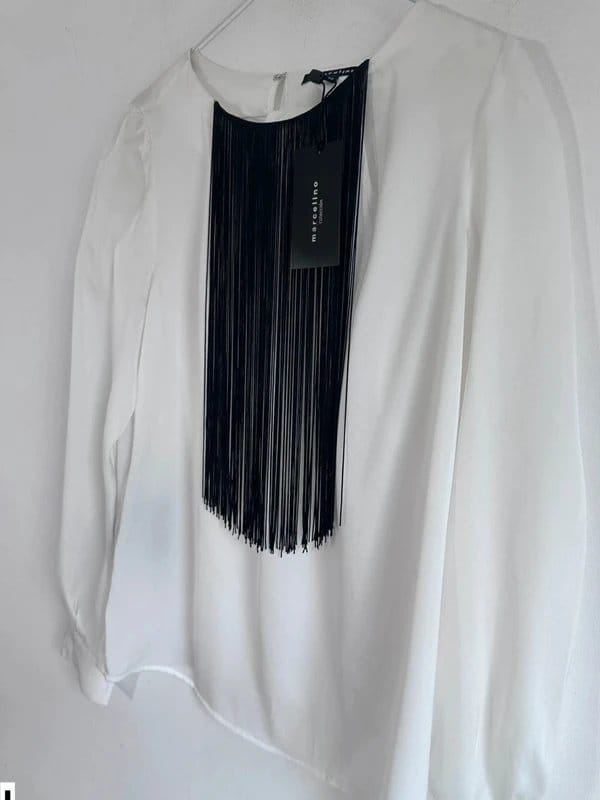 Marcelino Black Fringe Blouse On Ivory Satin Top BNWT Size 12 EU