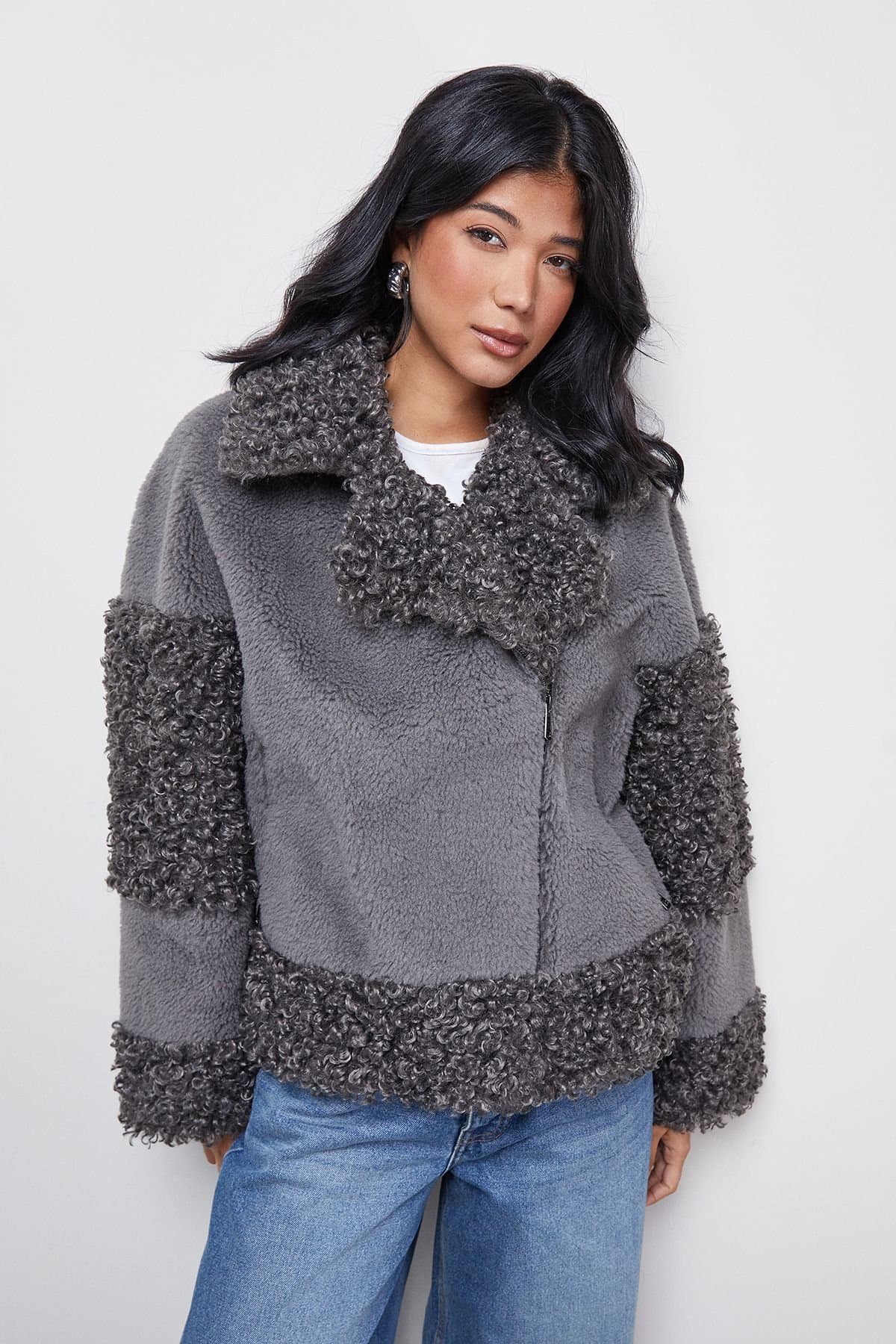 Warehouse Warehouse Women's Fur Mix Zip Through Jacket in Grey