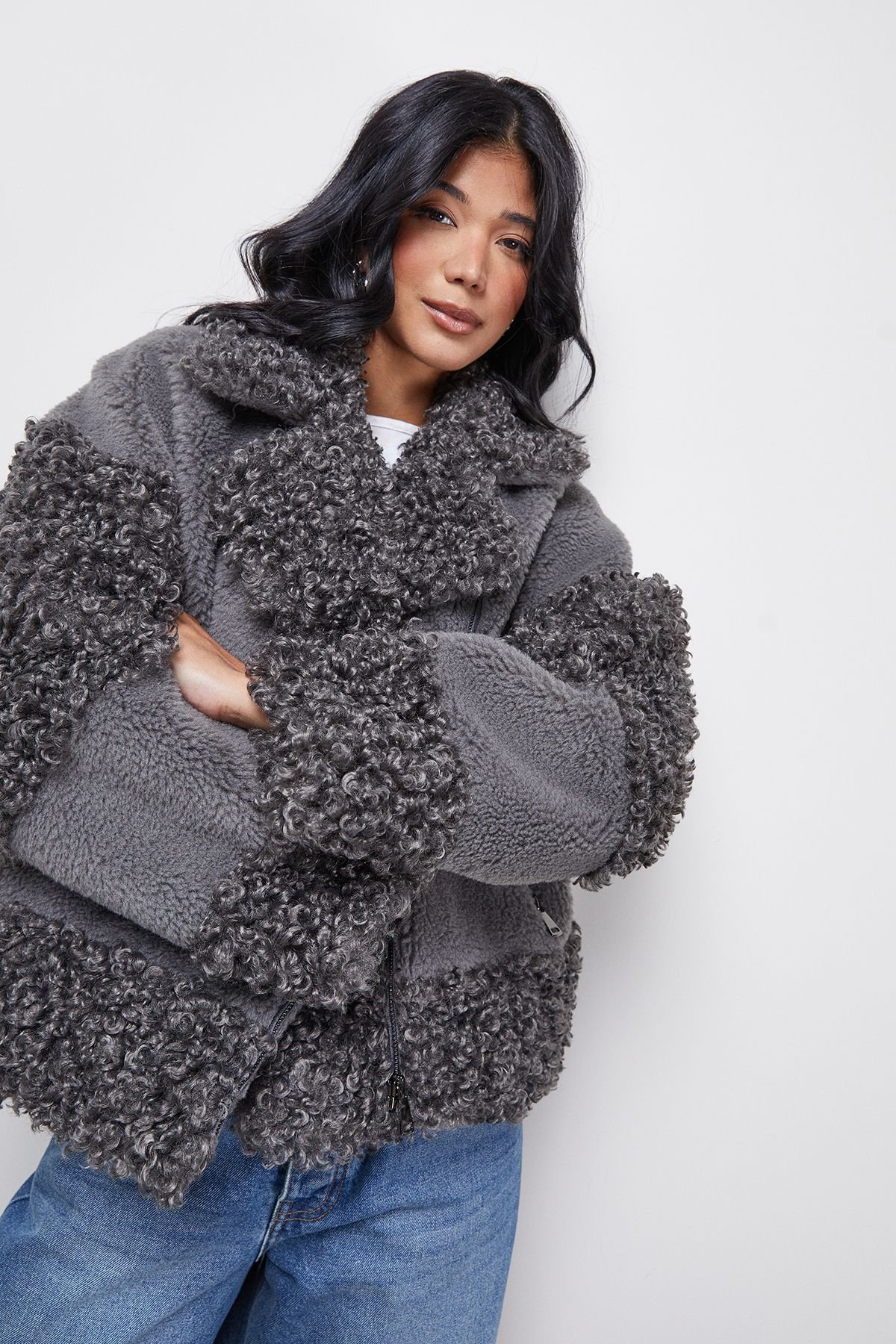 Warehouse Warehouse Women's Fur Mix Zip Through Jacket in Grey - 4