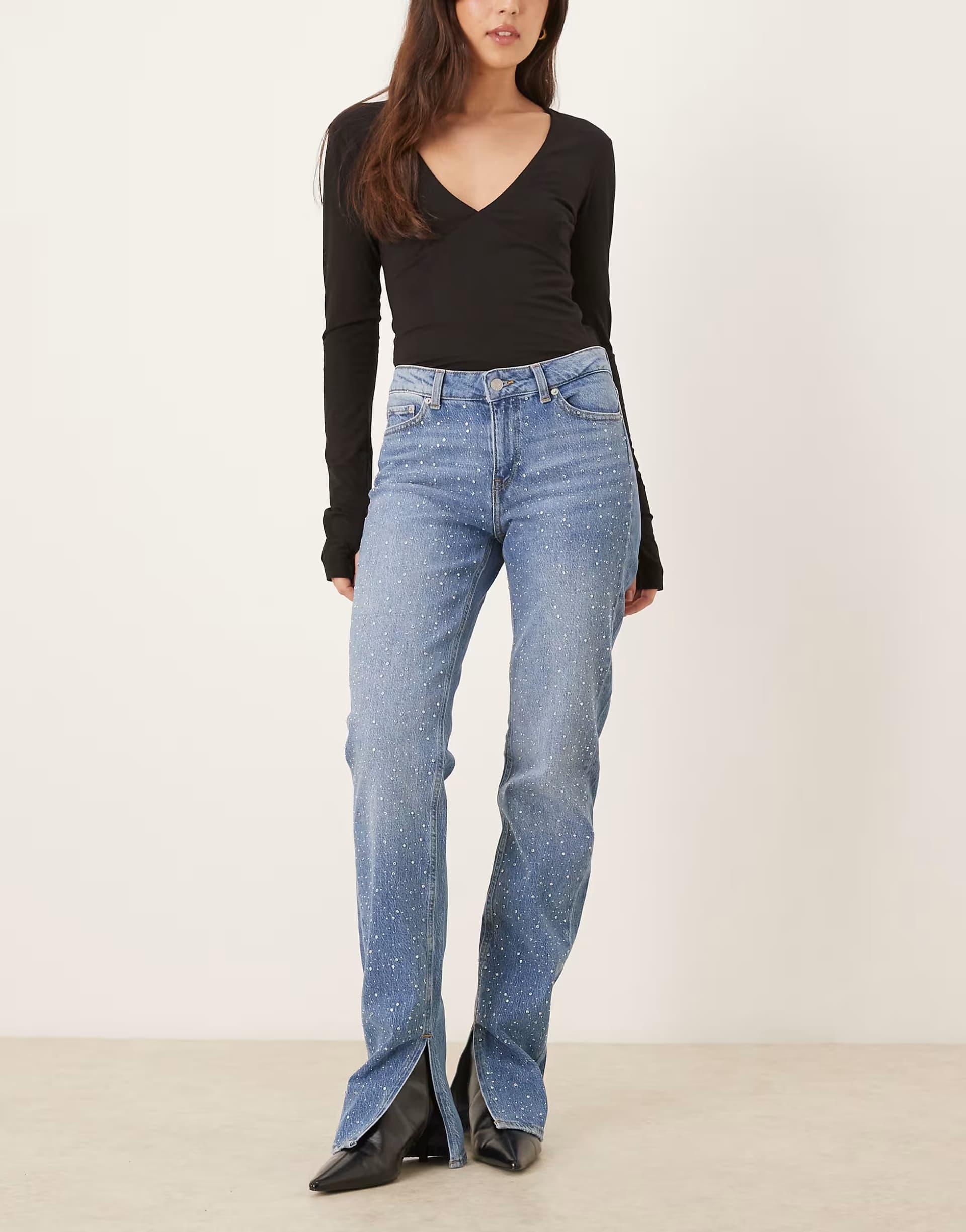 ASOS JJXX Ciara flare jeans with rhinestone details in mid blue