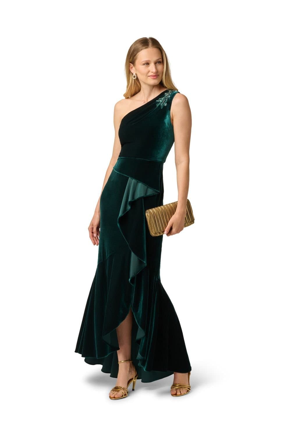 Papell Studio Papell Studio Women's One Shoulder Velvet Dress in Dark Green