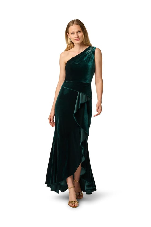 Papell Studio Papell Studio Women's One Shoulder Velvet Dress in Dark Green - 2