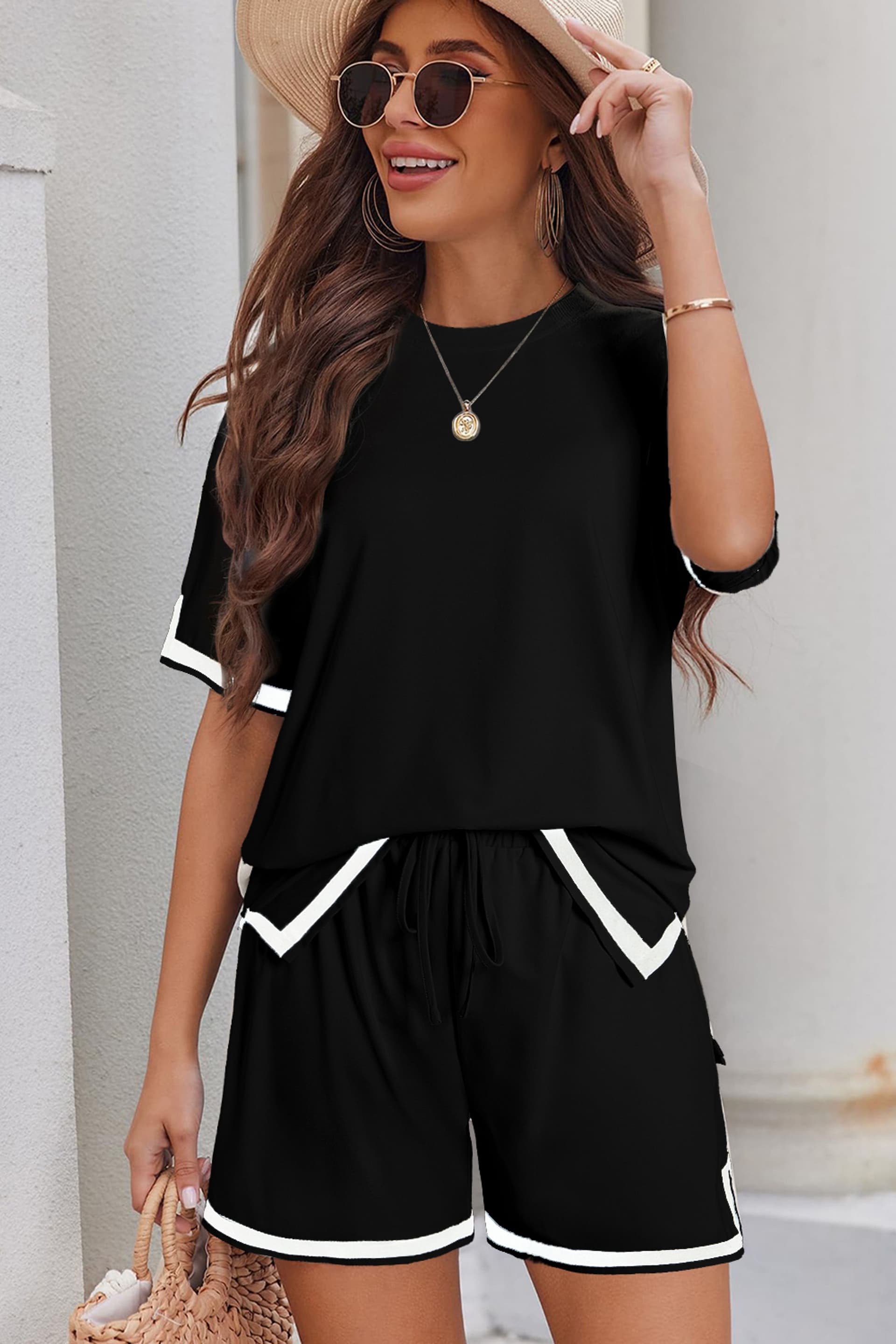 Everyday The Label Everyday The Label Women's 2 Piece Short Set White Trim in Black