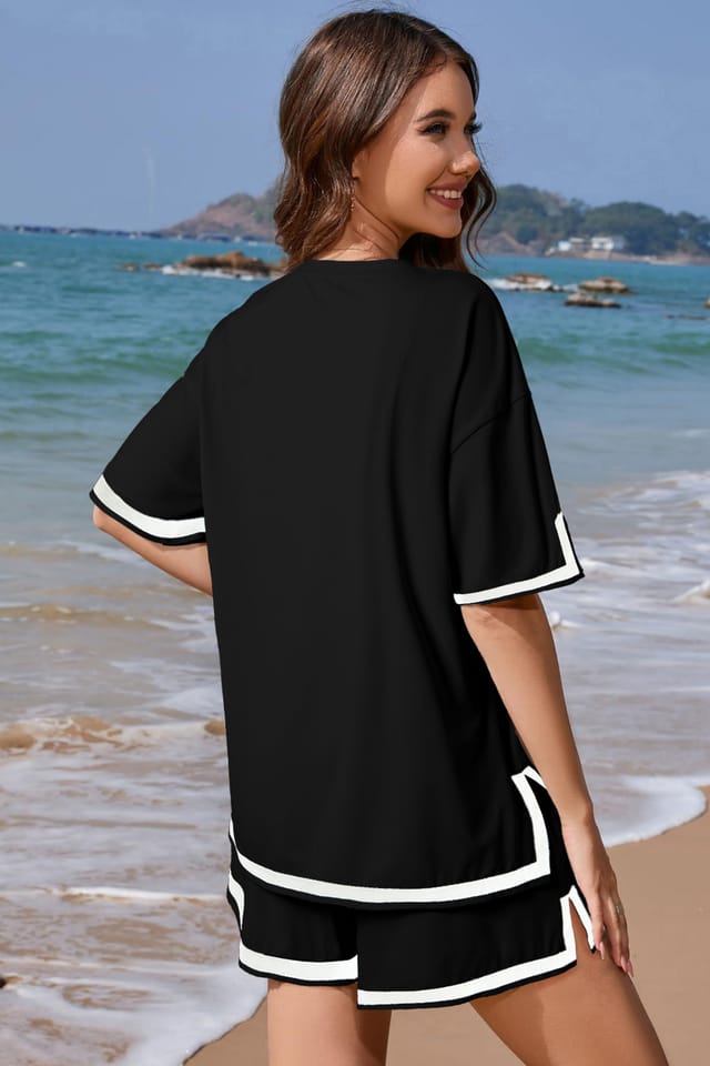 Everyday The Label Everyday The Label Women's 2 Piece Short Set White Trim in Black - 2
