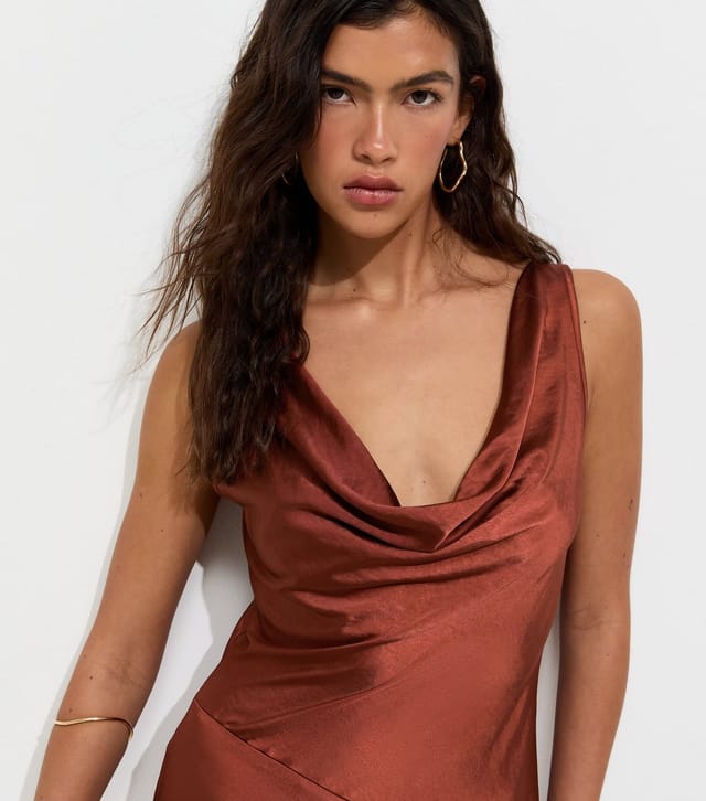 New Look Women's Dark Brown Satin Sleeveless Cowl Neck Mini Dress New Look - 2