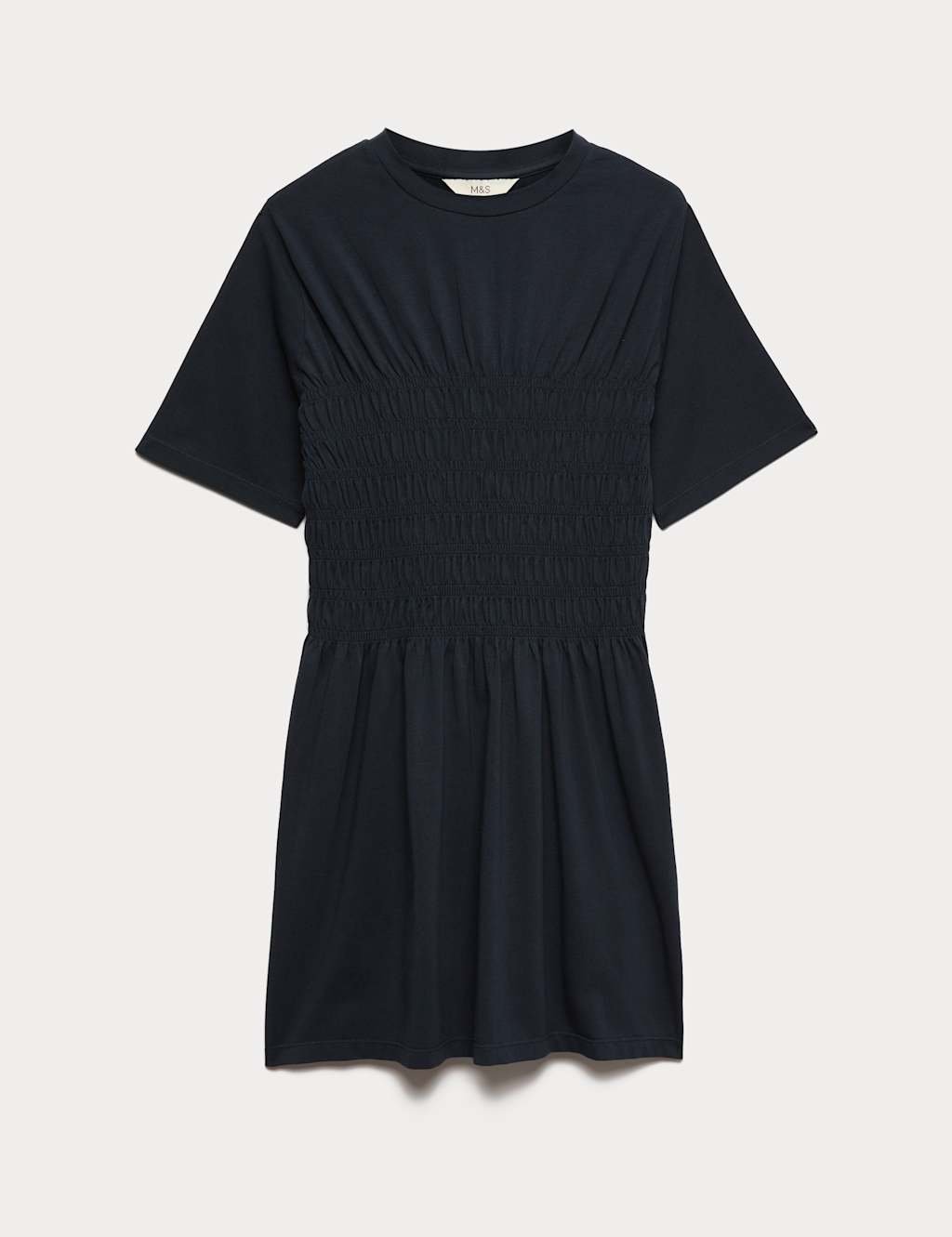 Marks & Spencer M&S Cotton Rich Shirred Mini T-Shirt Dress Midnight Navy - 2