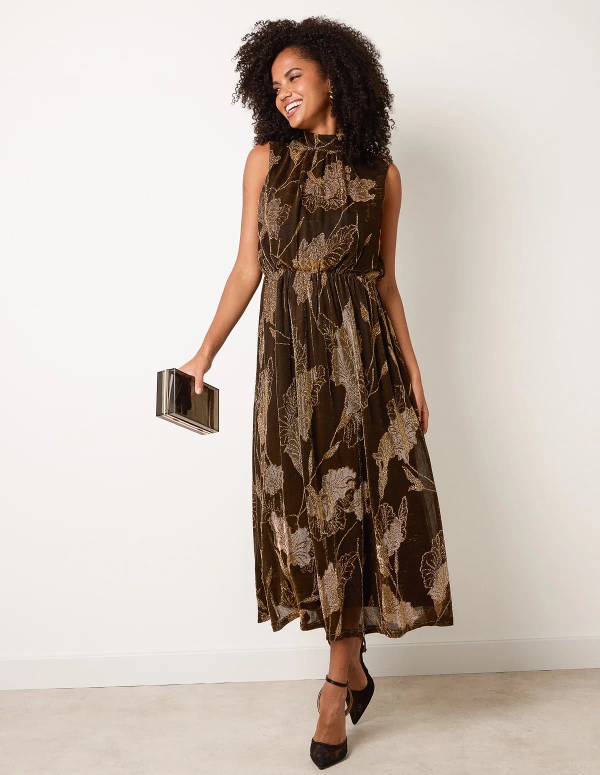 Blue Vanilla High Neck Jacquard Midi Dress