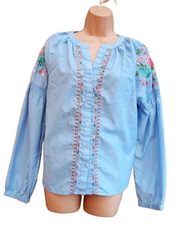 New Look New look blue floral embroidered cotton long sleeve shirt blouse top 10 UK S