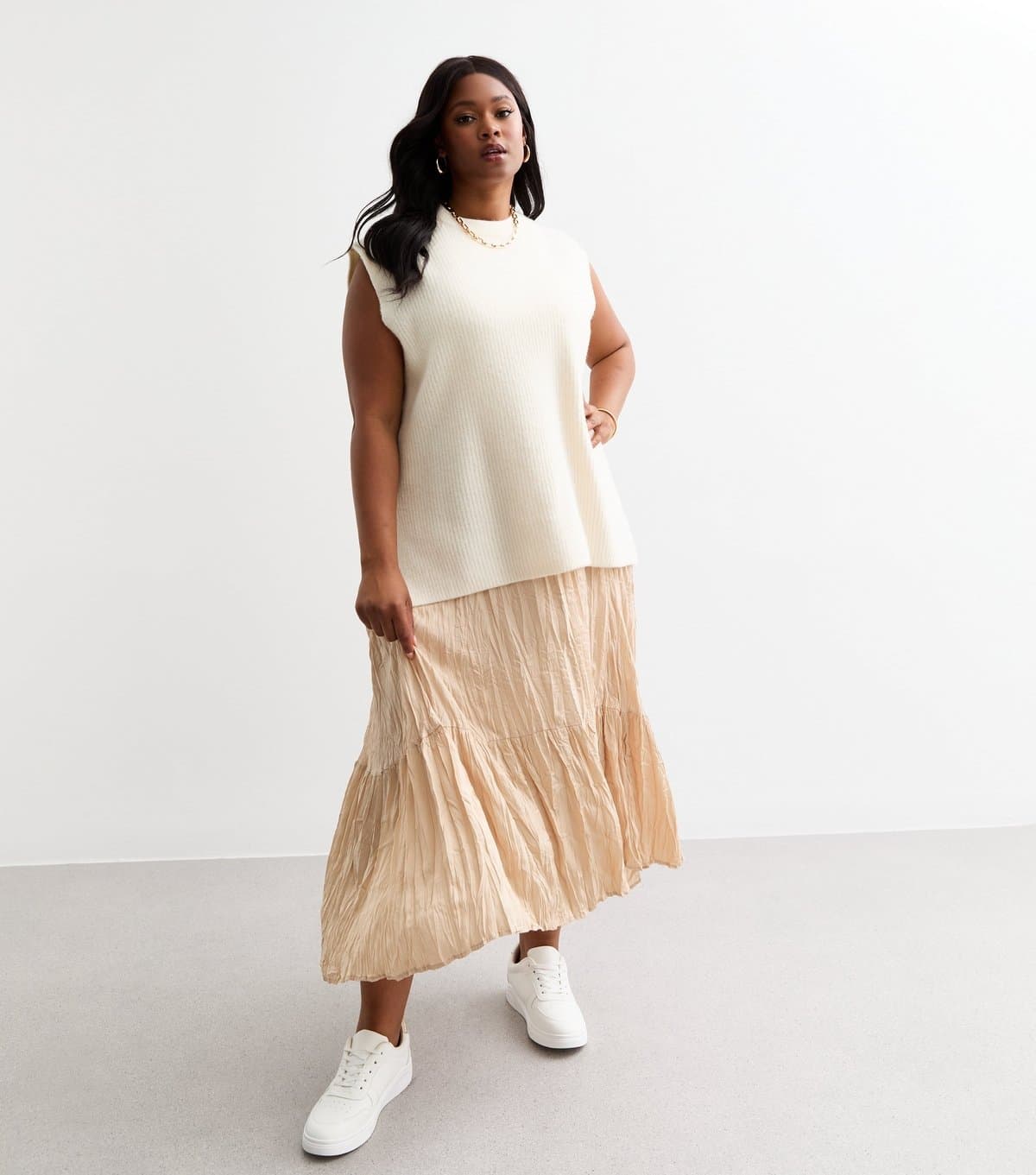 New Look Women's Plus Size Cream Crinkle Satin Maxi Skirt Curves New Look