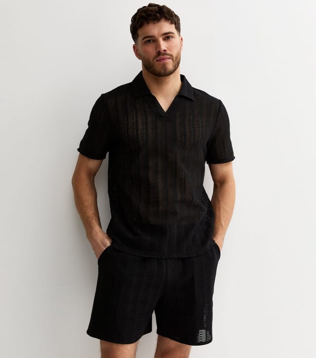 New Look Men's Black Crochet Polo Shirt New Look - 2