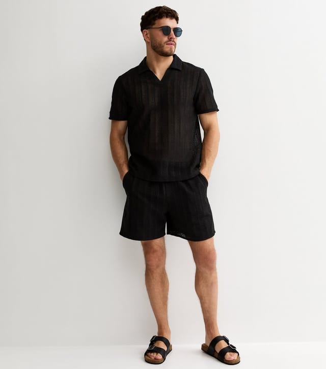 New Look Men's Black Crochet Polo Shirt New Look - 3
