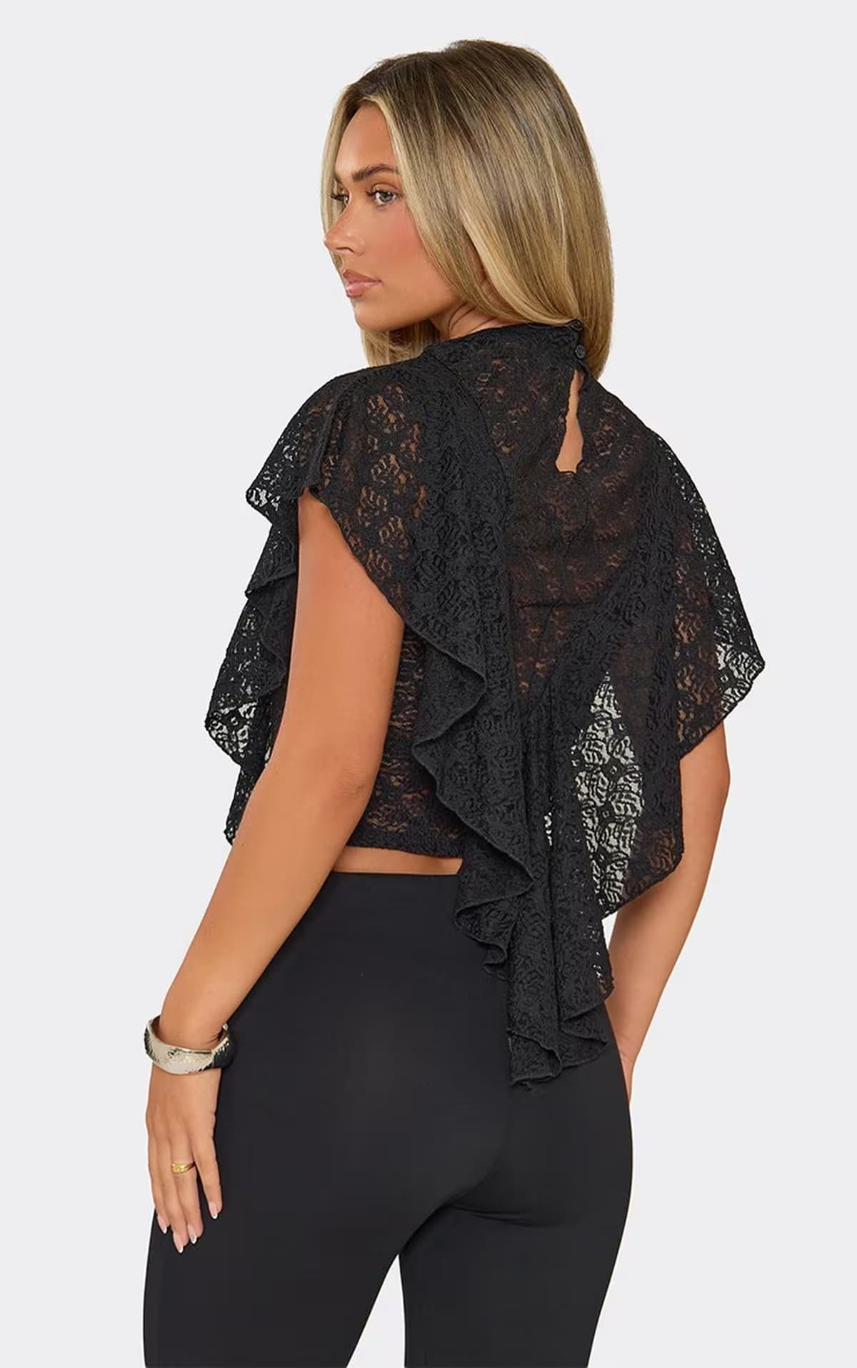 EGO Short Sleeve Frill Hem Top In Black Lace, Women's Size UK 6